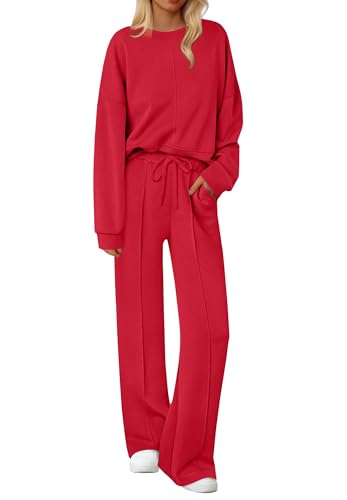 Ekouaer Pj Set for Women Fall Pajamas 2-Piece Lounge Sleepwear Top & Pants Ladies Long Sleeve Sleep Wear Sets with Pockets,Red,S