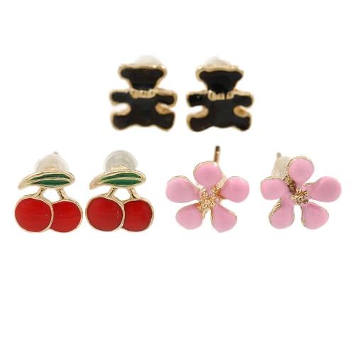 Pendientes de tuerca de oso de peluche rosa y cereza de 8 mm de metal dorado