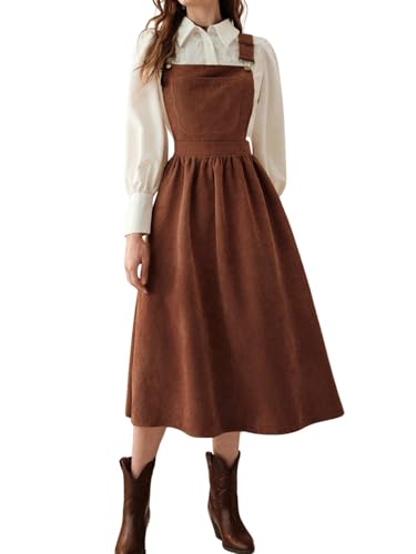 chouyatou Womens Fall Corduroy Overall Dress Adjustable Strap A Line Flare Pinafore Midi Jumper Dress (Large Brown)