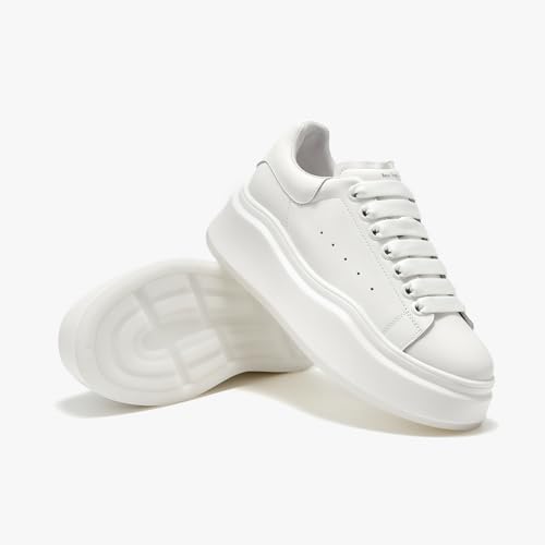 Image of BEAU TODAY Platform White Sneakers for Women,Leather Casual Tennis Shoes