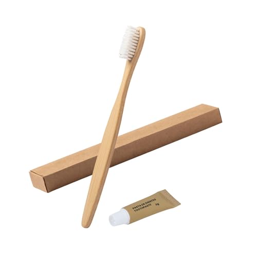 Pack de 50 sets dentales con cepillo de dientes de bambú y pasta dentífrica 3 g – mango natural – estuche individual reciclado – set dental ecológico para hoteles, clínicas y alojamientos