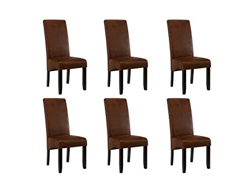 Vente-unique Lot de 6 chaises Santos - Microfibre Aspect Cuir Vieilli - Pieds Bois foncé