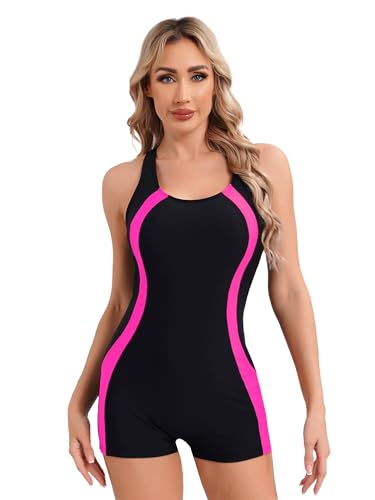 YOOJIA Mujeres Mono Corto de Natación de Una Pieza con Pantalones Cortos para Playa Bañador con Cremallera de Moda Traje de Baño de Manga Corta Rosa Caliente D L