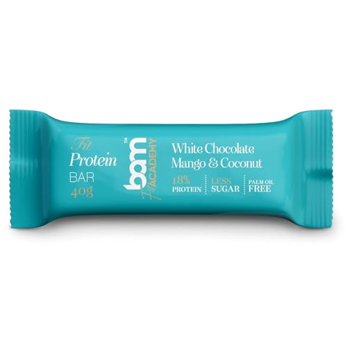 BAM Barrita de Proteína Chocolate Blanco, Mango y Coco, 40 g – Barrita Energética sin Azúcar con Edulcorante – Snack Proteico para Llevar