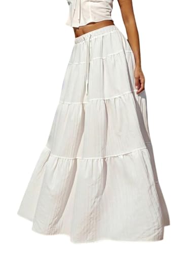 SOLY HUX Women's Drawstring Waist Ruffle Tiered Layer A Line Flowy Beach Maxi Skirts Vacation Outfit