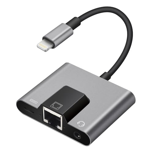 Enbiawit Lightning to RJ45 Ethernet Adapter Network Adapter, Support 10/100Mbps Ethernet Network, with Lightning Charge Port and 3.5mm Audio Jack, Compatible with iPhone 14 13 12 11/iPad