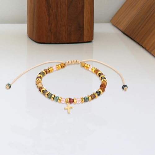 Christian Cross Bracelets for Women, Inspirational Natural Stone Bracelet Jesus Christian Gifts Adjustable Religious Jewelry for Baptism Communion Everyday Faith4