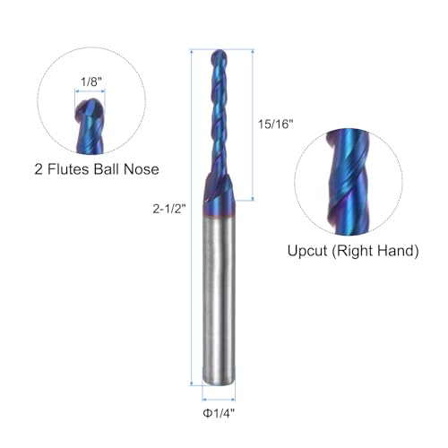 Image of uxcell Ball Nose End Mill CNC Router Bit, 1 /16 inch Radius 1 /4 inch Shank Solid Carbide Nano Coated Upcut Spiral 2 Flutes Cutter Milling Tool, 1 /8 inch Dia 2-1 /2 inch Total Length