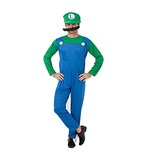 ANFUTON Super Mario Deluxe - Disfraz de cosplay para hombre y adulto, disfraz de Halloween, Verde y azul., XXL Cover