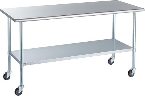 Image of ROCKPOINT Stainless Steel Table for Prep & Work with Caster Wheels 30x72 Inches, NSF Metal Commercial Kitchen Heavy Duty Table with Adjustable Under Shelf and Table Foot for Restaurant, Home and Hotel