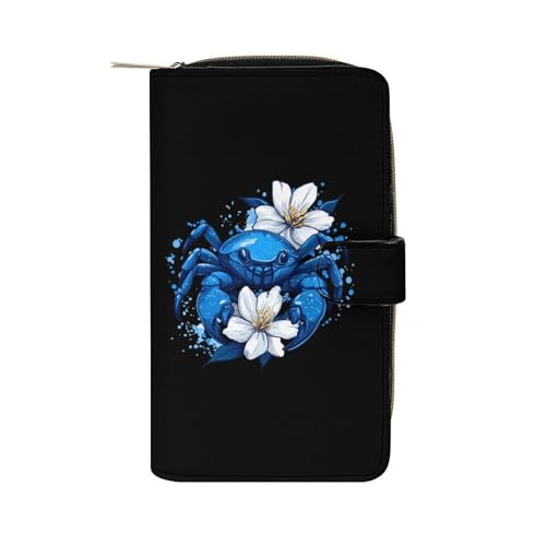 Portefeuille cuir long imprimé fleur et crabe avec fenêtre ID pour homme et femme
