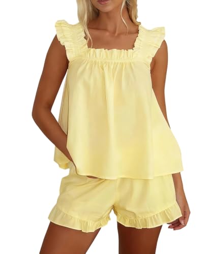 Image of ROAONOCOMO Women Floral Pajama Set Ruffle Babydoll Cami Top Coquette Pj Set Gingham 2 Piece Shorts Outfit Bridal Loungewear