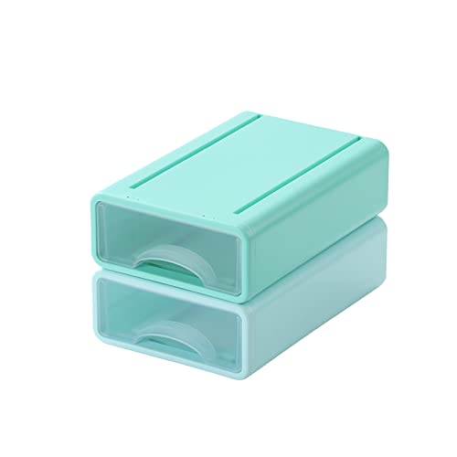 OSteed Stackable Desk Organiser Drawers, 2 Small Plastic Storage Drawer Units, Compact Desktop Storage Drawers, Stationary Organiser, Craft Drawers for Bathroom, Dorm & Office, Blue & Cyan