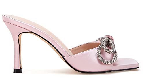 Vetaste Women's Heeled Sandals Square Open Toe Double Bow Satin Mules Heels Wedding Party Slip On Stilettos #TOP1