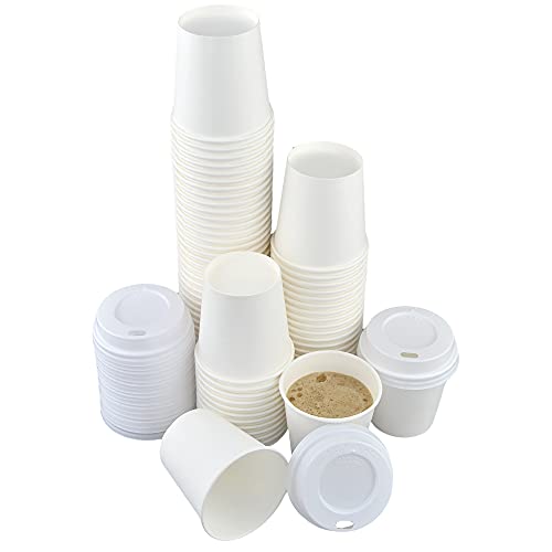 ILIP Lot de 100 gobelets en papier blanc (6 cm x diamètre 6 cm) de 120 ml (4 oz) + 100 couvercles blancs avec enveloppe pour café et boissons chaudes
