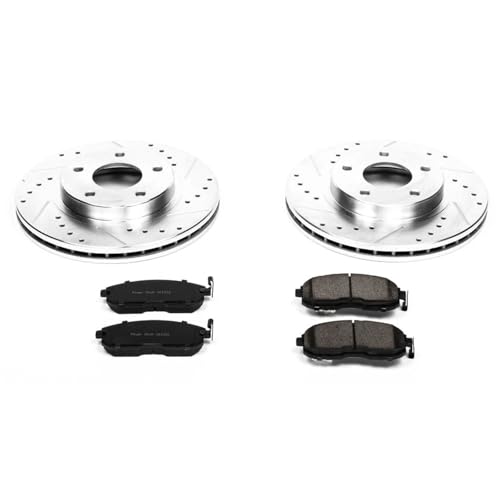 Image of PowerStop Front Brake Kit for Nissan Maxima 1999-01 - Drilled and Slotted Disc Rotors with Carbon-Fiber Ceramic Brake Pads Replacement, K3137