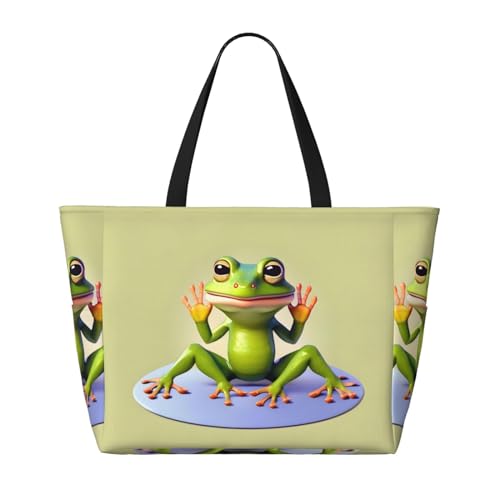 Large Capacity Beach Bag - print Waterproof Travel Bag The funny frog doing yoga Multi-Pocket Tote for Vacation Gym Women2