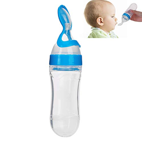 Biberón de silicona para bebés de 90 ml, biberón para niños con cuchara de silicona(Azul)