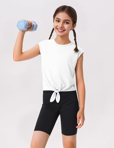 HASMES Girls Crop Tops Cute Athletic Shirts Tank Tops Sleeveless T-Shirt for Dance Yoga Cheer 7-14Y4