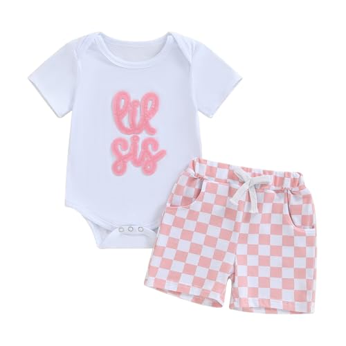 Big Sister Little Sister Matching Outfits Letters Short Sleeve Romper Bodysuit Plaid Shorts Baby Summer Clothes(B-White Lil Sis,6-12 Months)
