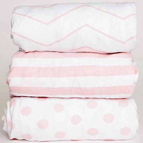 NODNAL CO. 3 Fitted Bassinet Sheets Pink Set for Baby Girl - 100% Oeko-TEX Cotton - Chevron, Polka Dot and Stripe - for Cradle/Moses Basket Hourglass, Oval & Rectangle Mattress Sheet