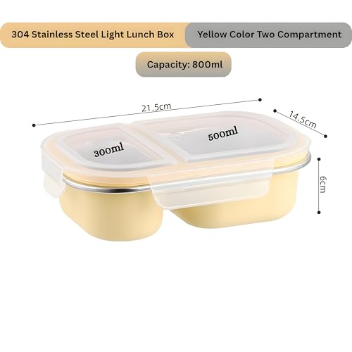 Image of Motka Premium 800 ml 2-Compartment Bento Lunch Box | Stainless Steel Slim Compact Tiffin | Leak-Proof Food Container| BPA & Odour-Free| Dishwasher Safe | Ideal for Office, Travel & School (Yellow)
