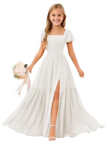 Topsta Junior Bridesmaid Dresses with Slit Chiffon Fultter Sleeve A Line Flower Girl Dress for Wedding Party