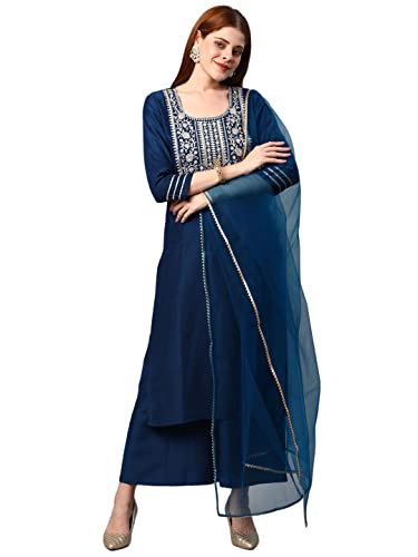 Image of GoSriKi Women's Cotton Blend Solid Straight Kurta with Palazzos & Dupatta (DHARAN)