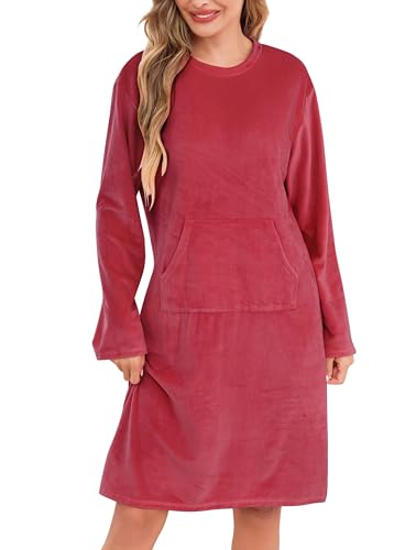 Vlazom Damen Nachthemd Flanell Langarm Schlafhemd Winter Wärmer Nachtkleid mit Tasche Nachtwäsche Sleepwear（Rot，XXL）