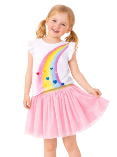 Image of HILEELANG Girls Skirt Set 2 Piece Outfit Cotton Tee Tulle Skirt Set | Soft Cotton Tee, Applique Detail, Layered Tulle Skirt with Lining, Lightweight Comfort for Toddler Little Girls