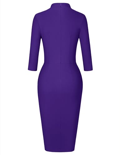 Image of MUXXN Women's Midi Pencil 1950s Vintage Cocktail 3 /4 Sleeve Tie Neck Bodycon Mid-Calf Dress with Pockets