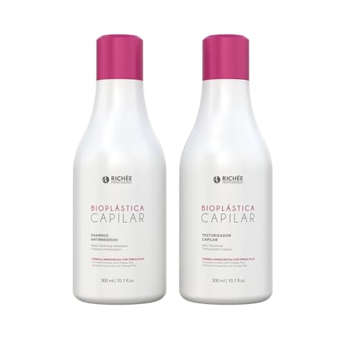Richee Professional | Kit de cuidado del cabello Bioplástica Capilar | Omega Plus Formula | Champú y Texturizador Antiresiduos, 2 x 300 ml