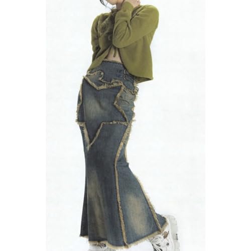 Women's Star Patch Flared Jeans Frayed Distressed Retro Style Loose Fit Maxi Skirts High Waist Denim Skirts Y2K3