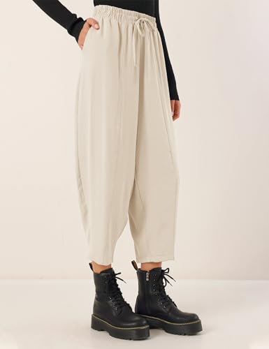 Flygo Women's Wide Leg Baggy Pants Casual Elastic High Waisted Palazzo Harem Slacks Ankle Length Loose Trousers with Pockets(Apricot-L)3