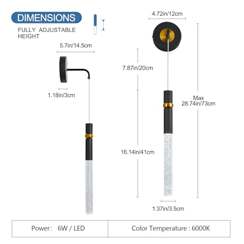 Image of Black Wall Sconces Set of Two Modern LED Wall Light Fixtures Black Gold Wall Lighting Crystal Bathroom Light Indoor Wall Lights for Bedroom Bedside Living Room Corridor