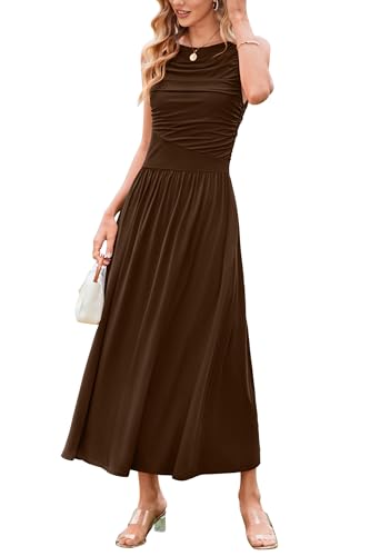 Image of Newshows Women 2025 Summer Maxi Dresses Vacation Ruched Boat Neck Tank Flowy Elegant Party Long Formal Dress Pockets