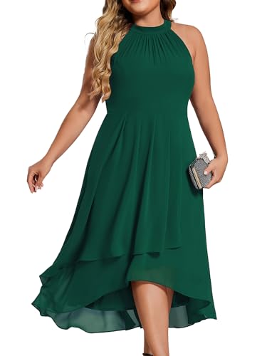 Image of Ever-Pretty Plus Women's Sleeveless Halter A Line Pleated High Low Plus Size Wedding Guest Cocktail Dresses 31926-DA