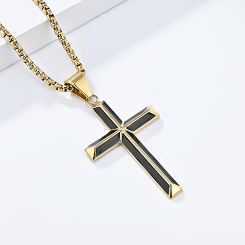 Cross Necklace for Men,Stainless Steel Black Gold Silver Jesus Christ Crucifix Pendant Necklaces Jewelry，60cm Rolo Chain4
