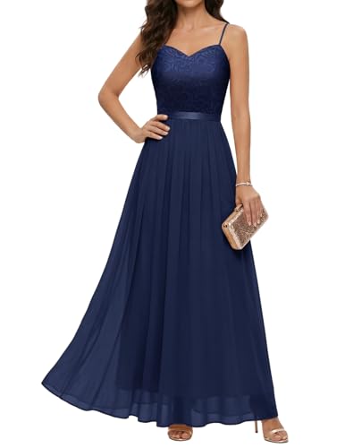 DRESSTELLS Robe de Soirée Longue Femme avec Bretelles Réglables et Dentelle Florale, Robe de Demoiselle d'honneur Élégante et Confortable pour Mariage, Bal et Autres Occasions Bleu Marine XL