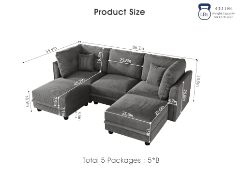 Image of LLappuil Modular Sectional Sofa with Storage, U-Shaped 5-Seat Corduroy Couch with 5 Throw Pillows, Pet-Friendly Convertible Sofa for Small Space, Skin-Friendly, Grey