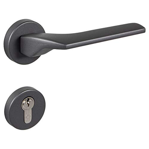 JUVA Gedotec Stainless Steel Door Handle - Aloe Model Internal Door Handle Sets Fitting on Round Rosette for Doors 35-47 mm - Quality Door Handles - Anthracite Matte Black - Cylinder