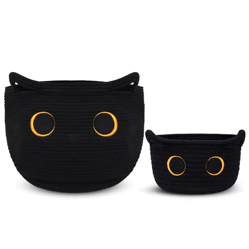 Hkojewp Storage Baskets for Organizing, Black Cat Cotton Rope Baskets Set Woven Blasket for Nursery, Blanket Basket Organizer Toy Basket for Gifts Cat Dog Bin Toys - Pack of 2