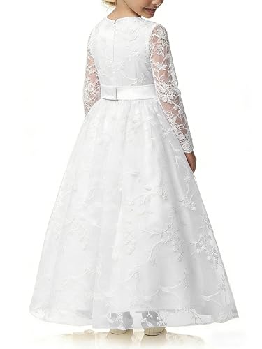 Image of ABaoWedding Lace A-Line Flower Girl Dress | Sleeveless,Floral Embroidery,Hidden Zipper.Perfect for Kids Wedding,Communion,Pageant & Formal Events.