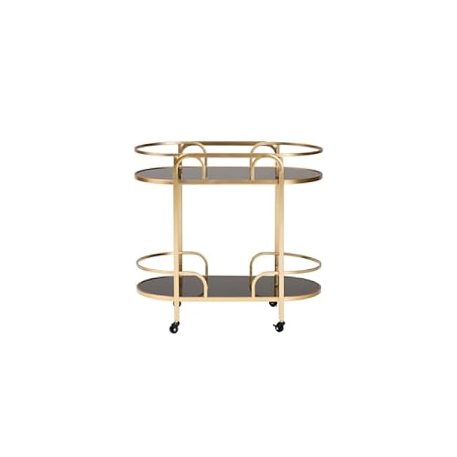 Eclectic Exclusivity Gold Metal and Tempered Glass 2-Tier Wine Cart 33.00 x 18.00 x 31.90 Inches with Openwork Metal Frame and Caster Wheels-J4b03mWF