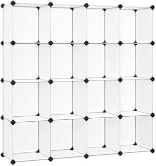SONGMICS Cube Storage Organizer, Set of 16 Plastic Cubes, Book Shelf, Closet Organizers and Storage, Room Organization, Bedroom Living Room, 12.2 x 48.4 x 48.4 Inches, White ULPC44L