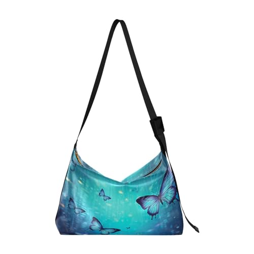 xigua Butterfly Blue Shoulder Bag for Women Waterproof PU Leather Hobo Bags Crossbody Purse with Zipper Closure