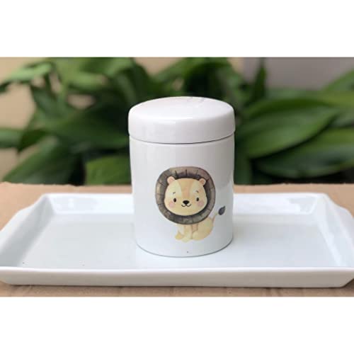 Kit higiene bebê Safari 5 peças - Bandeja, potes, garrafa térmica e molhadeira - Tudo Porcelana