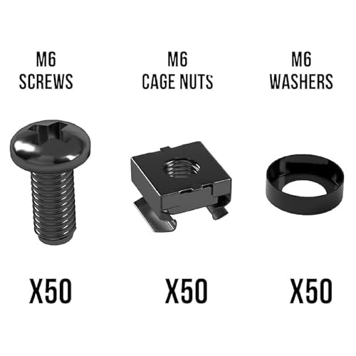 50 Pack Black M6 Cage Nuts & Screws for Rackmount Equipment Servers 19" and 10" Cabinet, Patch Panel, Server Shelf Retaining & Mounting Screws & Cage Nuts for Wall Mount Server Network Enclosures