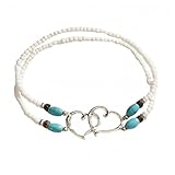 Elastic Beaded Ankle Bracelet for Women Double Hollow Hearts Stretch Anklet Double Layered Beaded Anklet Dainty Boho Beach Anklets Foot Jewelry for Dance Graduations Bridesmaids (White Bead)
