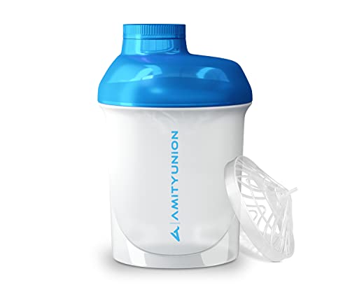 AMITYUNION Protein Shaker Weiß Blau Deluxe 400 ml - Eiweiß Shaker auslaufsicher - BPA frei mit Sieb & Skala für Cremige Whey Proteinpulver Shakes - Gym Fitness Bottle für Isolate & Trainings Booster